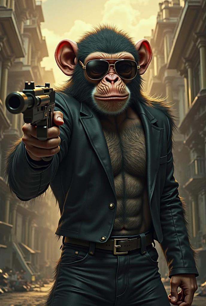 ((best quality)),((ultradetailed)), ((masterpiece)), illustration, Scene structure: Animal anthropomorphic monkey as gangster, with monkey face and human body. He's muscular and has tattoos all over his body. He rode a motorcycle through the city, behind him were tall buildings and neon lights. Cue composition: monkey gangsters, animal anthropomorphism, motorcycle riding, tattooed body, muscular build, cityscape, tall buildings, neon lights