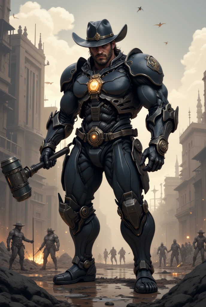 Male in the Heath, tall and burly, black tights, big muscles, big bulge, Buzz cut, black sunglasses, black military boots, buzz cut, steampunk style, steampunk art, complex mechanical devices such as gears, pipes, valves, (huge industrial building: 1.4), gray theme, retro futurism, crazy details, (Fujiflim XT3), 20 megapixels, detailed, cinematic particles,