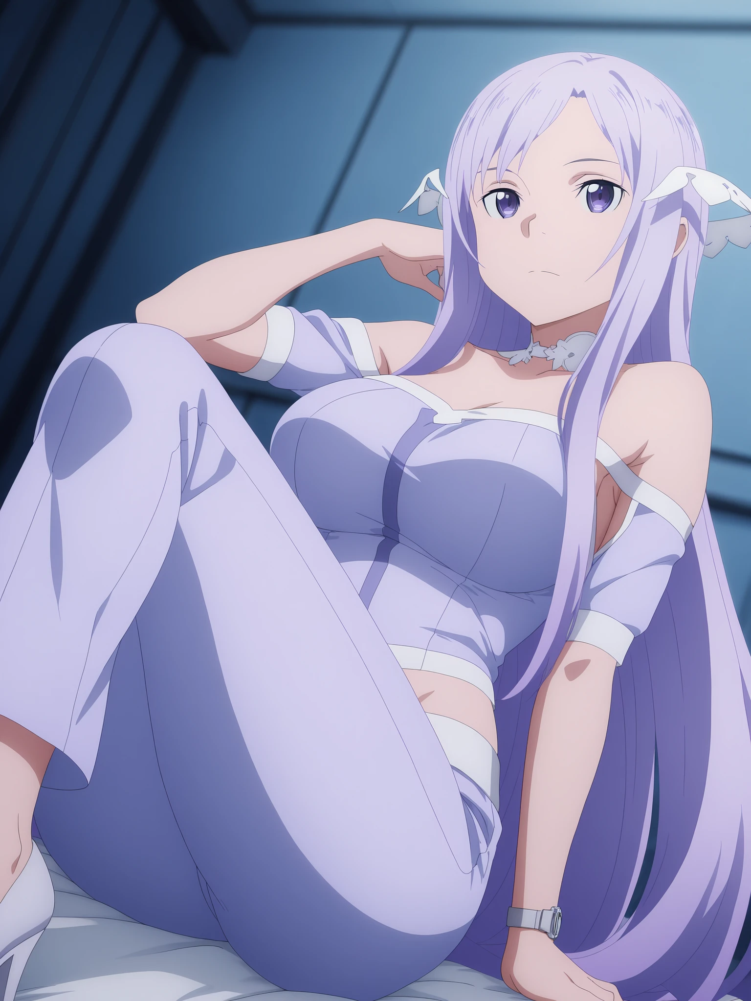 (Highest Quality, masterpiece,Watch Viewers,armpits,),(lie on your back on the bed),sword art online,Manager,Quinella, bare shoulder, Anime Coloring, 1 girl, long hair, purple hair, PURPLE EYES, big breasts, White halo, Hair sensors , is sitting, simple background, Great Quality, high resolution, newest, Stunning Artwork , anime screenshot, Anime Coloring, solo, pants, Thighs, thin waist, Confident,  low angle, heels, anime screenshot