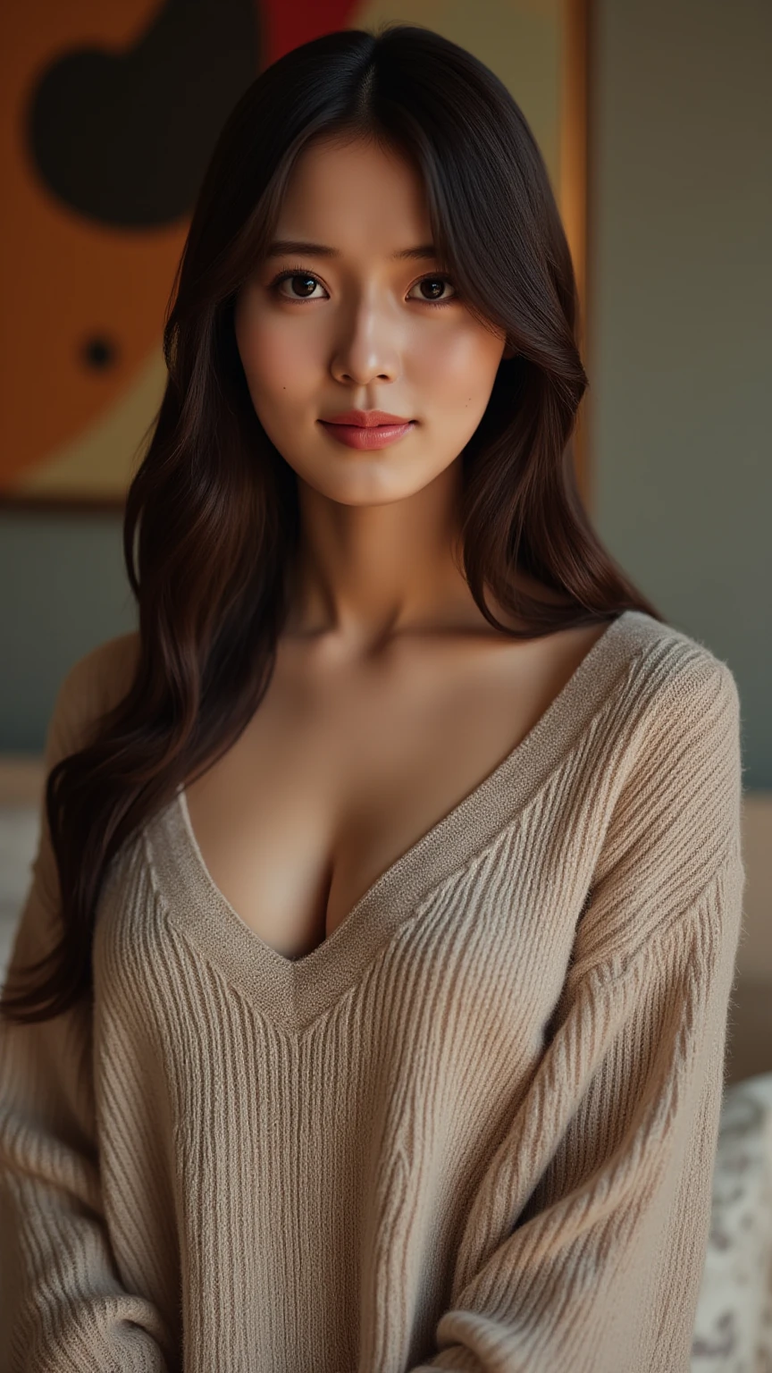Tabletop, Highest quality, Photorealistic, In detail, High resolution, 8K Painting Wall, Perfect dynamic composition, Beautiful attention to detail, Chubby adult woman in light V-neck knit, Beaver, Look at the viewers