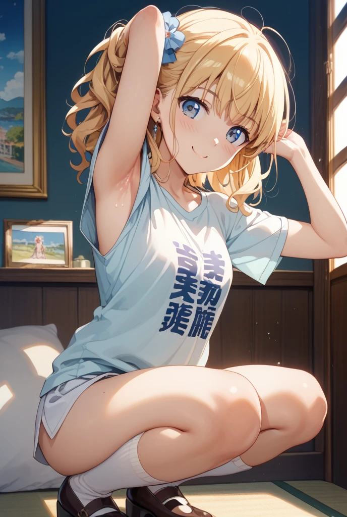 Chisato, 1girl in, Bangs, Indoor, Short hair, Smile, Solo, sit, Sexy Pose, White bra with ruffles,White panties with ruffles, Lilcoli Ricoil