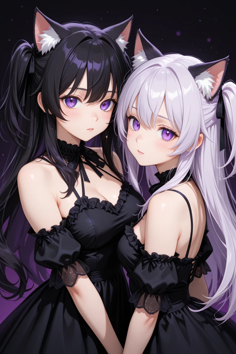 A captivating artwork portraying two gothic girls with short black hair, lip and nose piercings, and ample bosoms. Intensely expressive black eyes and flawless faces oozing allure, adorned with bold black makeup. Both of Asian heritage, their bodies enveloped in fur with sleek black cat ears and tails. The scene intimately captures them in a sensual embrace, their alluring gaze and distinctive features adding an exotic and tantalizing essence to the artwork. The girls are engaging in a passionate moment, conveying a sense of intimacy and provocative beauty that exudes a furry beast girl aesthetic, elegant and striking.