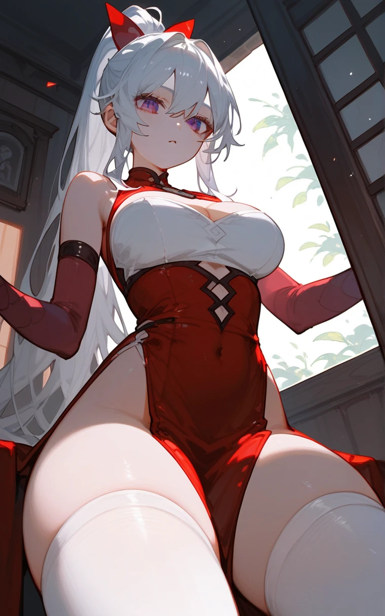 dark fantasy anime illustration of a (mature MILF BIMBO albino skin and short white hair), (FULL BODY) perfect face, wearing tight leather stealth armor, stalking, BIG KNOCKERS CLEAVAGE, lustful smirking smile red blush red cheeks, chain leash, kneeling, shackles, leather black collar slave, ((BLACK background)) hands on glass WITH KNOCKERS on glass, glass window fog water drop, 5 fingers each hand, metal handcuffs, black choker collar, thigh highs, long legs, metal ankle, metal sandals, metal shoulders, standing straight symmetrical against glass