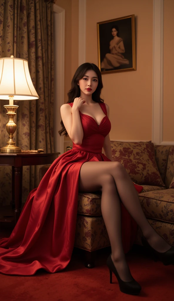 A beautiful woman standing in a living room, Wearing long red dress with a red Santa hat and stiletto heels., Very cute face, bright face, and very pretty eyes, Long black hair, Huge breasts、 Curvy body, Long legs, wide hips, thick thighs, Front view, full body, photo poses, Slim and sexy body, Tall and expensive woman, correct Anatomically, smile and looking at viewer, luxury living room, lamp, flower, big glass window. Day light