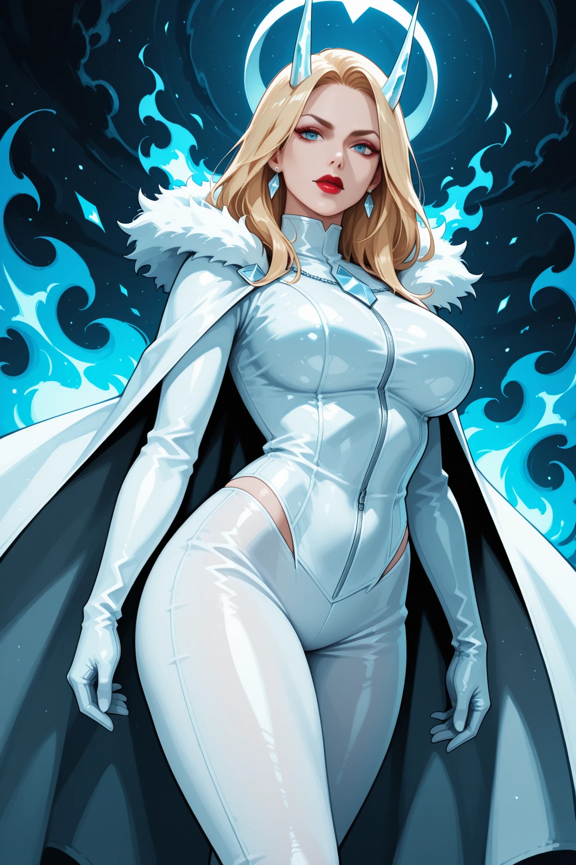Super pregnant Emma Frost, tight white crop top, tight white leggings, white cape, white lipstick, blonde hair, seductive pose, big breasts