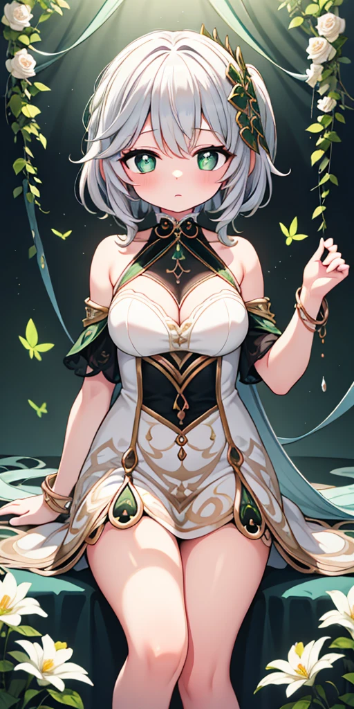 Princess, [pink hair:silver hair:0.4], short hair, Side braid, Wavy Hair, Tied Hair, break, green princess dress, break, small breasts, Cleavage, Princess tiara, Green Aqua Eyes, break, Earrings, necklace, light smile, UHD, masterpiece, textured skin, high details, alone, Cowboy Shot, standing