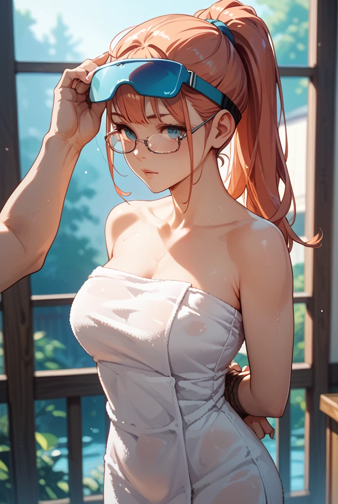 1womanl,Golden head hair, ,((Impatient expression)),Beautiful breasts,(((Thin white t-shirt))),well-styled,,(Facing the front)(((Blushing cheeks、Surprised look)),(((short braid))),((( Portrait from the knee up)))Frameless glasses,Blue eyes,(((Bangs are aligned)))((see -through))((sexy blue bikini,))(Wet with water),a short skirt