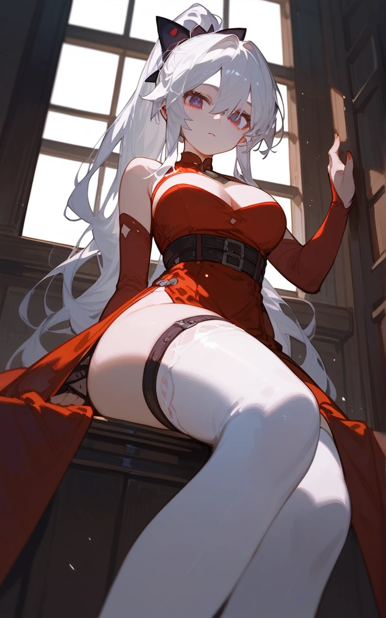 white color hair，Red coat，Lori huge breasts cleavage，Barefoot，tmasterpiece，Highest image quality