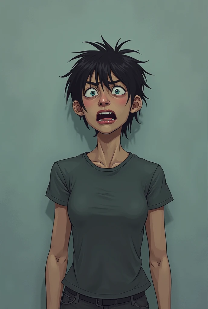 old female patient, black curly hair, ((wrinkles on face)), looks miserable due to overuse of medicine, black blouse, black jogging pants, tired emotion, focus on face and torso, transparent background, anime style, best quality, masterpiece