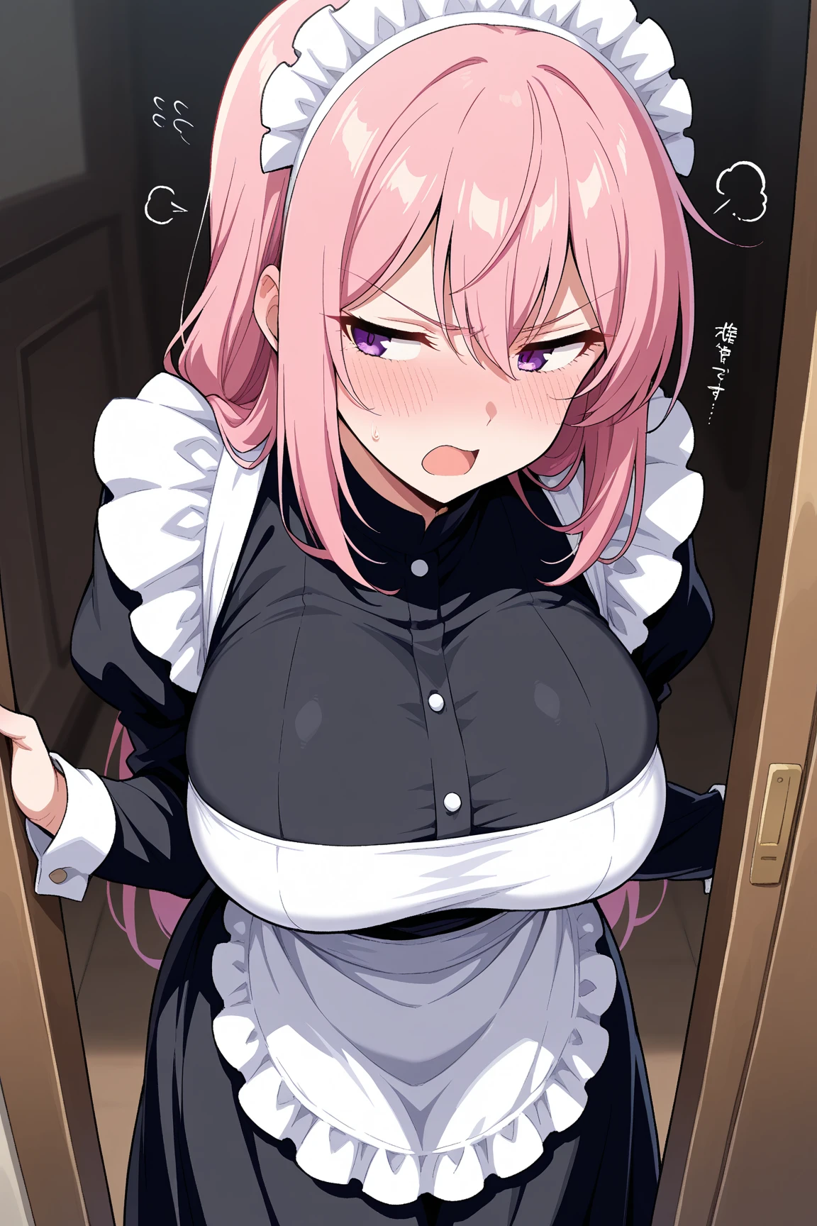 1girl, apron, bow, cube hair ornament, dress, frills, gloom (expression), hair ornament, heart, heart hands, long hair, looking away, maid, maid apron, maid headdress, mary janes, one side up, pink hair, shaded face, shoes, short dress, solo, sweatdrop, thighhighs, white thighhighs, zettai ryouiki, (( NSFW ))