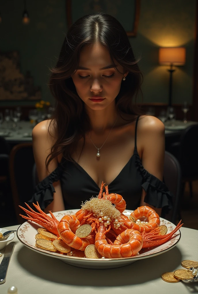 on a luxurious dining table.An extremely beautiful model lies on her back.The chest and between the legs are covered with noodles .Like a human body feast.
