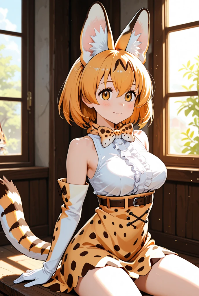beautiful, masterpiece, best quality, realistic photo 1girl, serval, blonde hair, cat ears, cat tail, high-waist skirt, highres, kemono friends, large breasts, looking at viewer, orange eyes, thighhighs <lora:my_ServalKemonoFriends_v1:0.6>