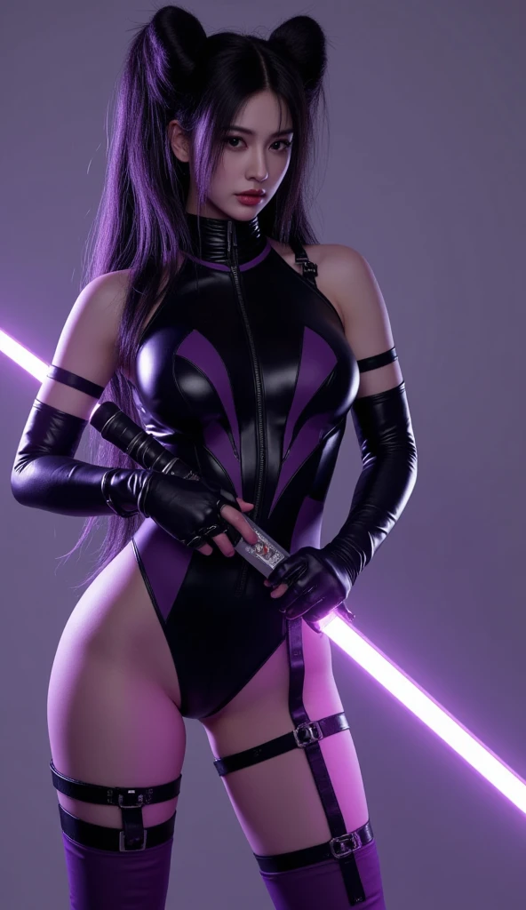 (masterpiece),(best quality),extreamly delicate and beautiful,illustration,((perfect female figure)),mature female,1 rider girl,i:p masquerena, bodysuit,black very long hair,twintails, purple eyes, cyberpunk city background,cat ears helmet,