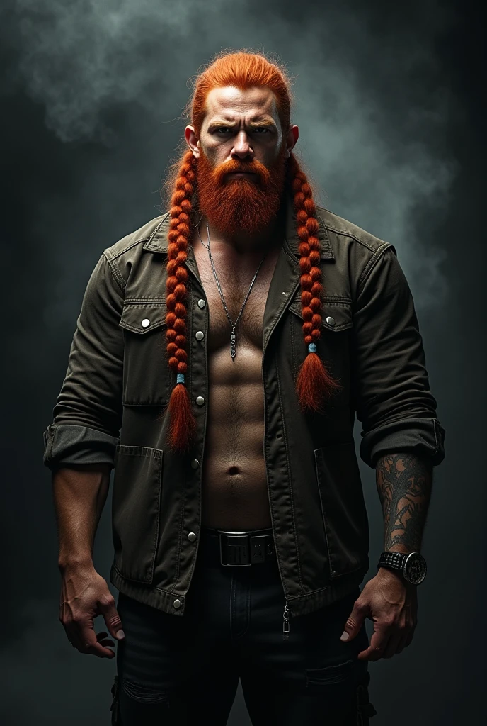 short, stocky with long red hair and with red beard a broad, good-natured face with dragon tattoo