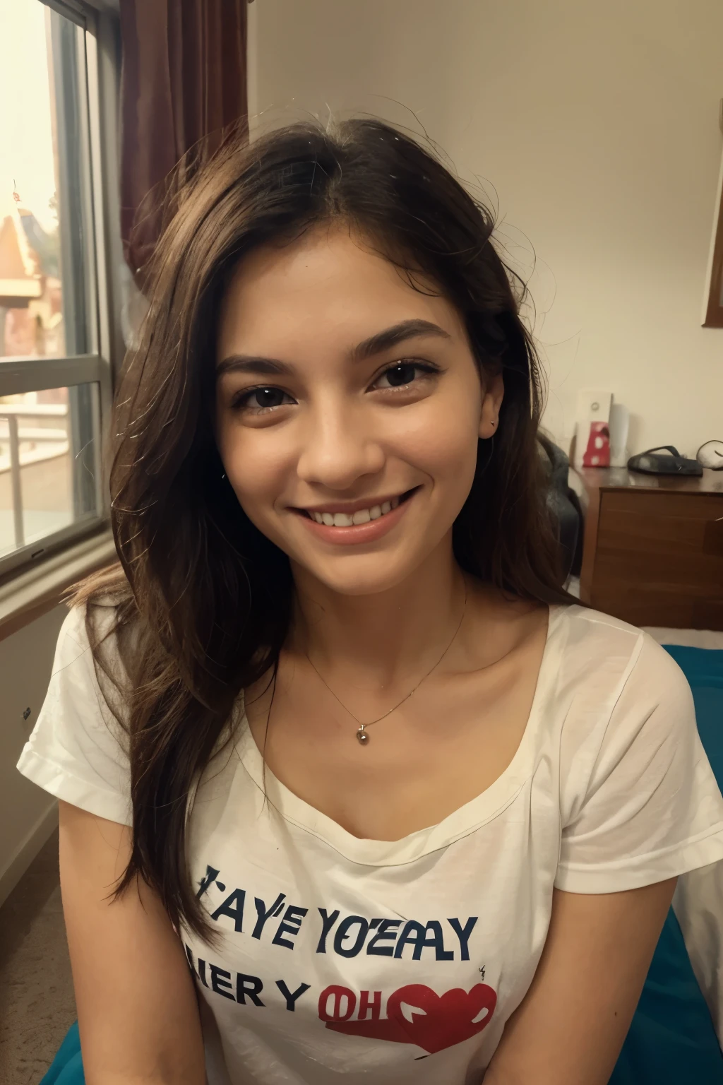 Mujer atractiva, tono de piel blanco, sonriendo sin mostrar los dientes, sentada en una cama con telas blancas, blusa corta apretada de color rosa, falda corta de color negra, sin brasier, sin bragas, poniendo una mano en su pecho, pechonalidad media, taking a selfie