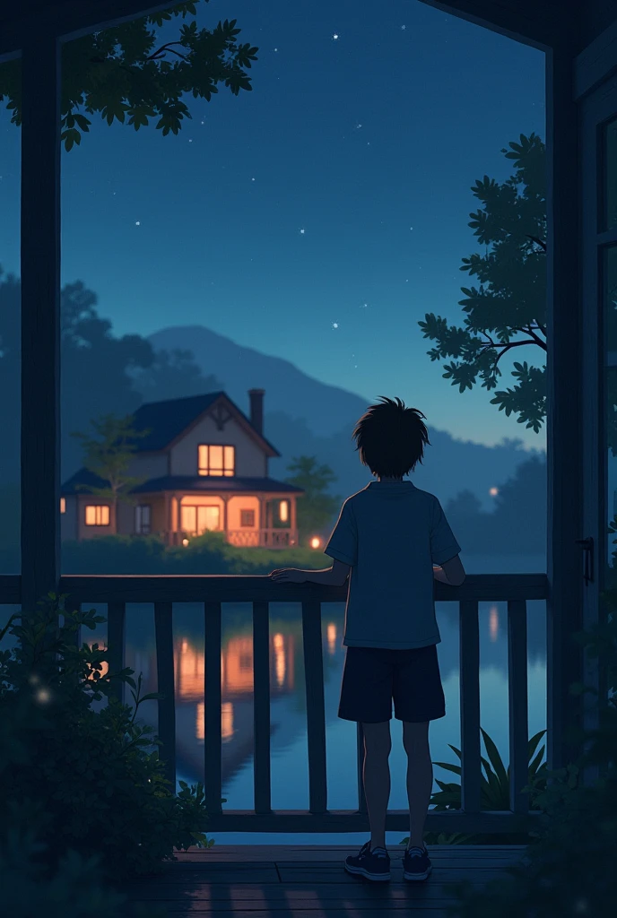Immerse yourself in a Ghibli-inspired anime tableau: behold a young boy reclining on a grassy knoll, gazing over a tranquil rural town under the blanket of night. Above, the sky unfurls its celestial tapestry, with stars twinkling like diamonds and the Milky Way painting a luminous arc across the horizon. Below, the town is aglow with the soft radiance of moonlight, its windows emitting warm, inviting light from snug homes. Fireflies flit around the boy, their ethereal dance adding to the enchantment of the scene. Through this captivating tableau, rediscover the wonder, nostalgia, and simple joys that adorn the tapestry of life.