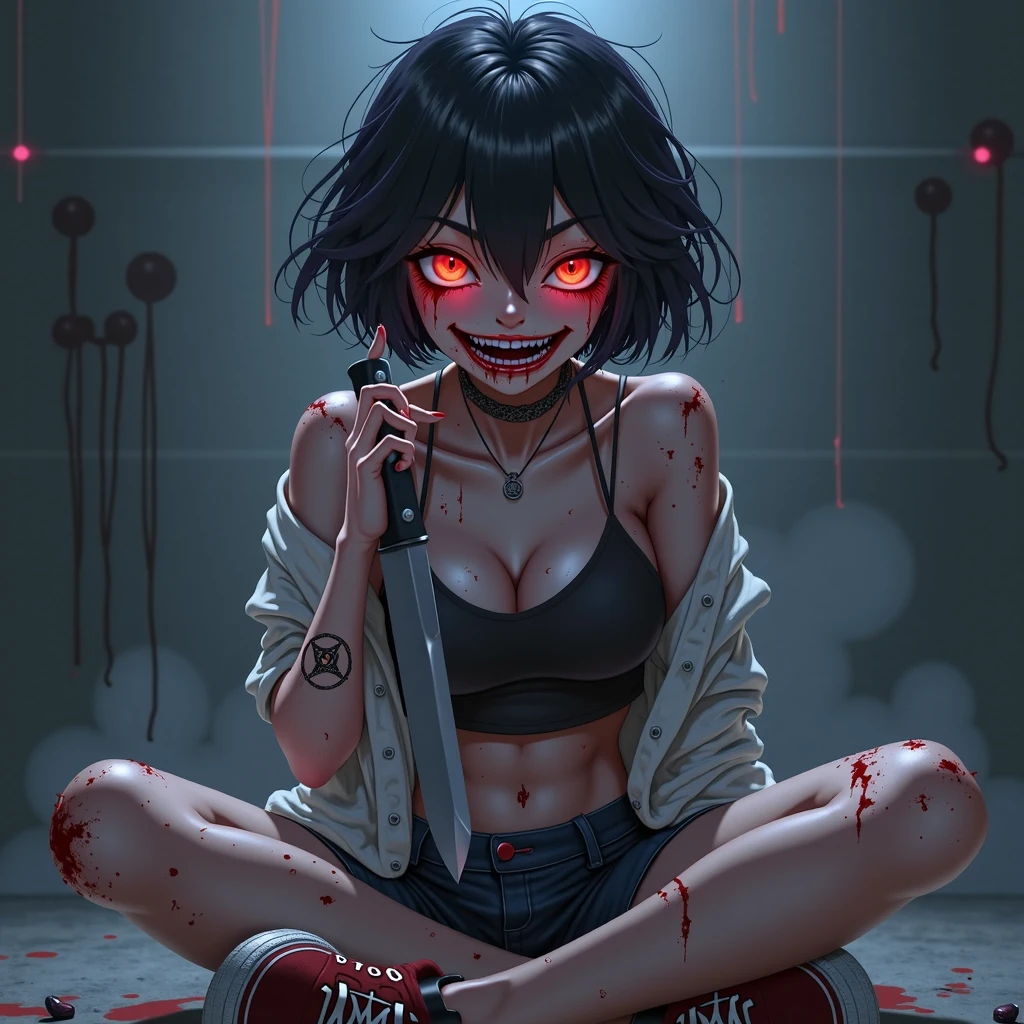(1girl),solo,full body,Highly detailed,High Quality,highres,highly detailed face,highly detailed eyes,medium hair,black hair,((messy hair)),glowing purple eyes,smug smile,runny makeup,eyeshadow, eyeliner,earrings,bloody,blood puddle,bloody mess,tanktop,shorts,navel,(bloody background),dark,dark lighting,tattoos,all fours,looking up at viewer,thick thighs,red moon,
