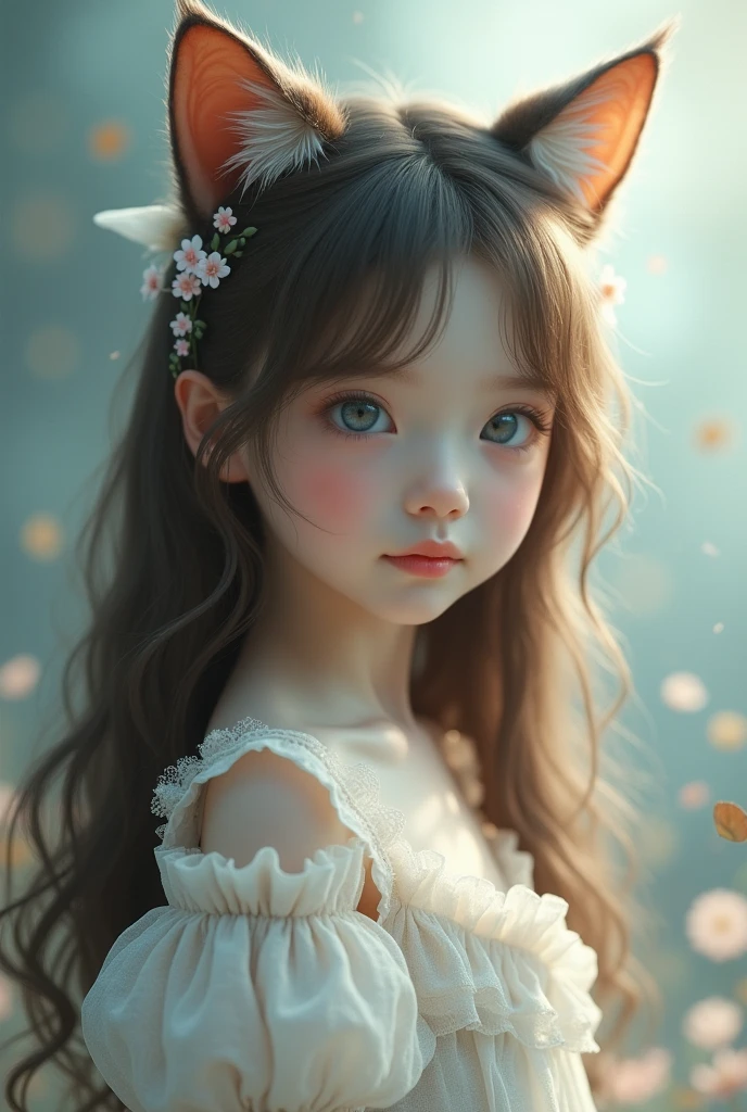 6 year old girl with round eyes cat, sun light from window