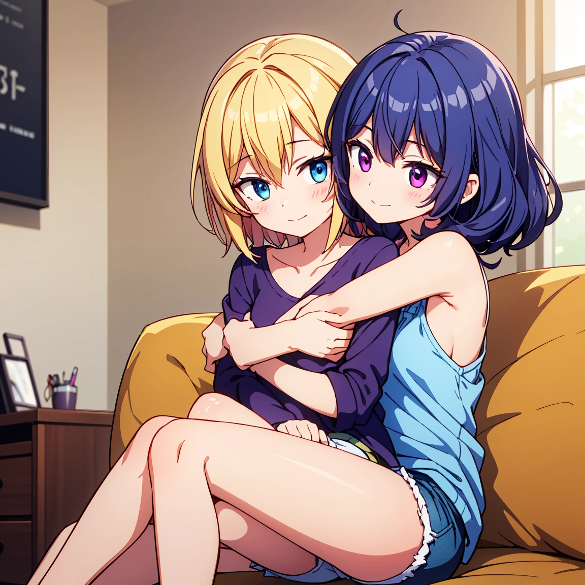 one girl, white blouse,hotpink striped panties,boobs,tall of a person,thin,sharp eyes, beautiful face,slender face,sitting with legs tucked under,hands between legs, flushed cheeks,cool,short bob,wave hair,gold hair,blue eyes,indoor,on the bed,masterpiece, extremely fine and beautiful, illustration, anime, black thick outline