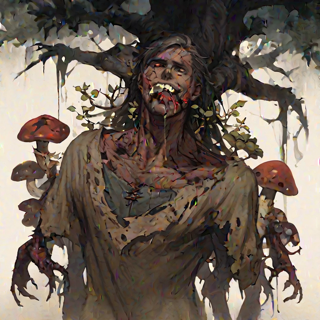 a demon made entirely of tree roots, awakens: he slept inside the iron maiden, stuck to the ceiling. There were spikes with hooked blades stuck into it, that hurt the body. The demon loves pain and only thanks to it rests and sleeps. While he was freeing himself from thorns, he screamed loudly in anger, indignant how such a dream could have happened. Vector, few colours, distorted art, ghostly, the style of the 60s, oil painting