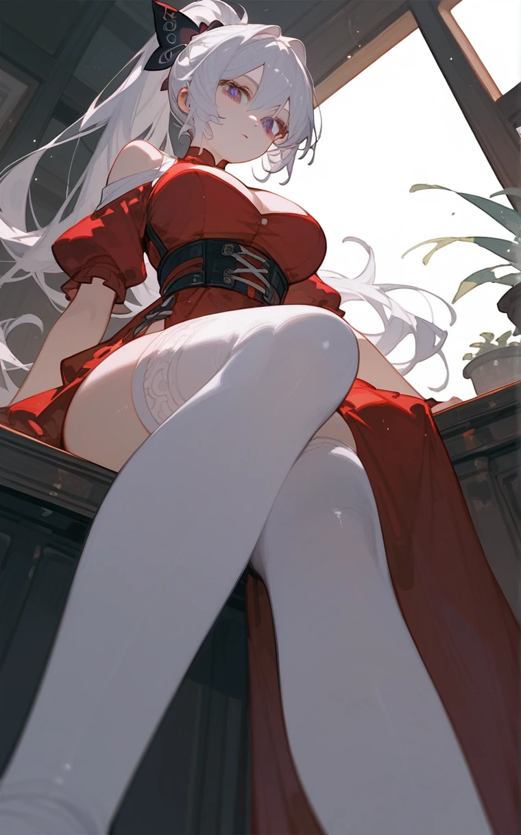 Peeing herself, red dress, Chinese hair styles, long hair, wetting herself, self arousal, separated legs, tighs together, covering with dress, bashful face, feeling humiliation, aroused, sitting on floor, peeing on floor, peeing, satisfied face, relieved face, pee, Pantyhose, stockings