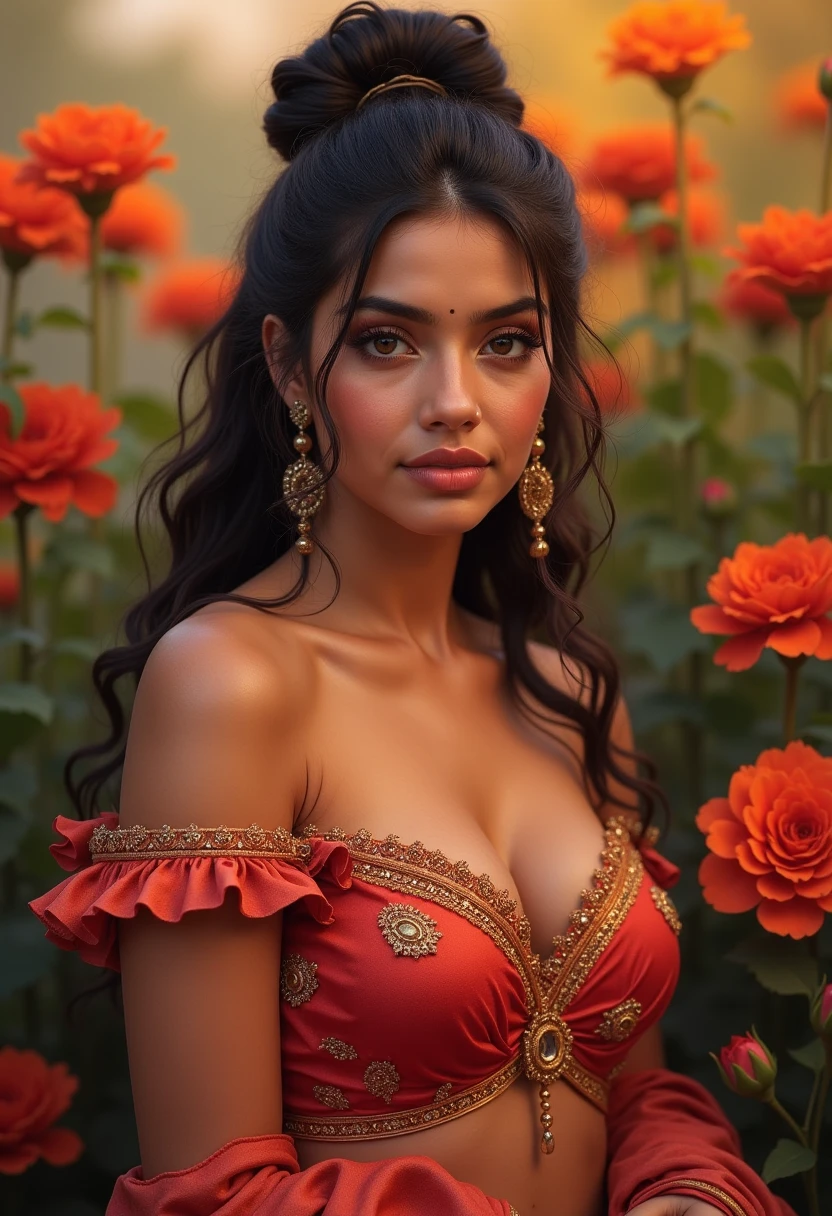 In a picturesque garden full of flowers, amidst a stunning woman((( Anne Hathaway:Selena Gomez:0.6))) , 184 cm tall in a vibrant red and black saree strikes a seductive pose, enchanting all who lay eyes upon her. (((Big round :1.4))) Delicate petals glisten with raindrops, while trees sway with the rhythm of the wind, creating a mesmerizing bokeh backdrop. As the droplets cascade down her curves, the atmosphere becomes charged with sensual energy. Explore the allure and raw sensuality of this captivating woman, as she embraces the magic of the monsoon, don't create out of frame illustration
