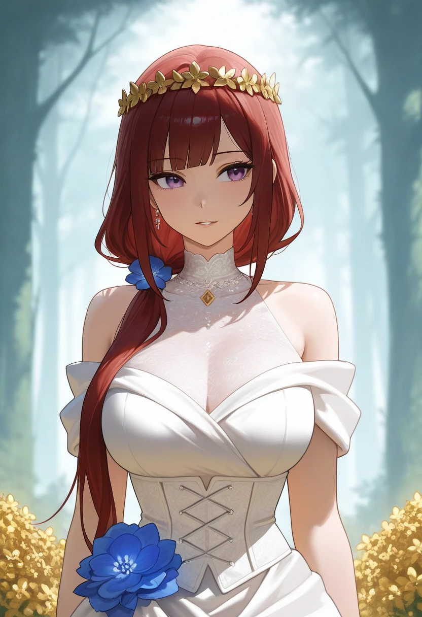 celica fe, hair between eyes, ahoge, orange hair, star \(symbol\), hair ornament, dress, cleavage, bare shoulders, collarbone, long white elbow gloves, white gloves, white dress, white choker, strapless, tiara, veil, strapless dress, wedding dress, bridal veil, beautiful woman, perfect body, perfect breasts, wearing a wedding dress, ball gown, in the park trees, wedding decorations, a warm smile, realism, masterpiece, textured skin, super detail, high detail, high quality, best quality, 1080p, 16k