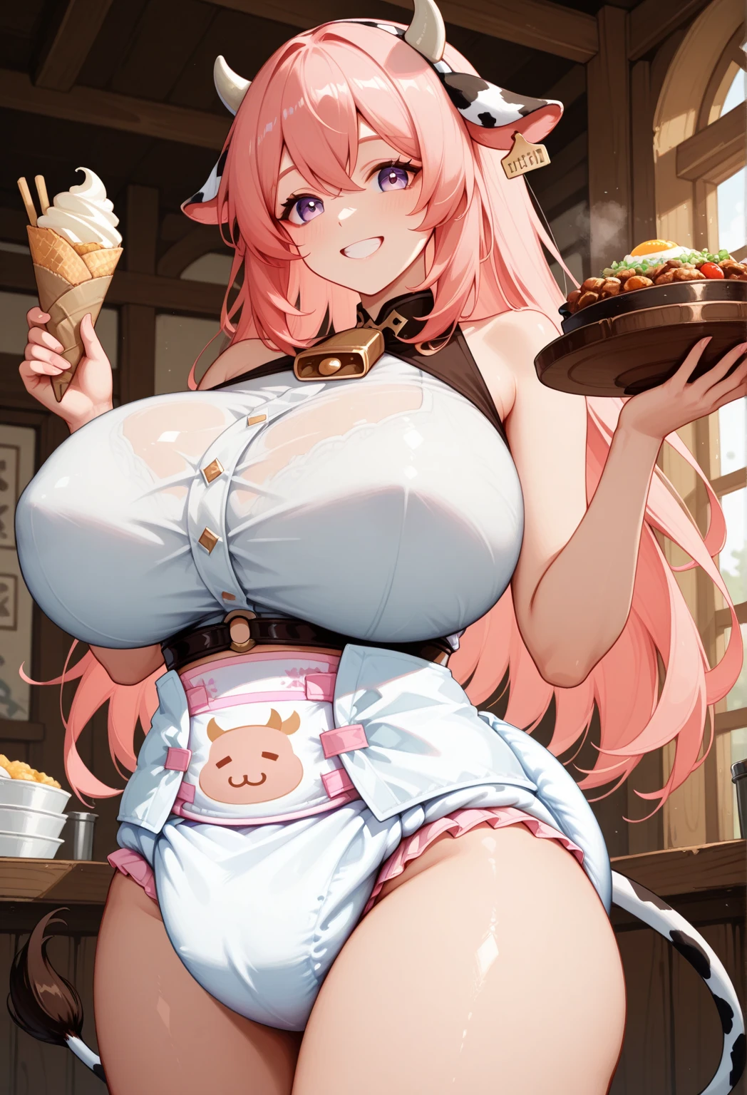 1girl, feminine, background, (freckles), blush, loose pink hair, huge breasts, ((sweat)), view from side, evening shadows, hot breath, moaning, open mouth, dimmed lighting, standing, sweaty, ((sweating)), (sweat), big ass, wide hips, toned body, cow ears and small cow horns, cow tail, cow girl, (motion lines), voluptuous, mature, milf, flustered, wearing milk maid outfit, cleavage, skirt, market in a modern city, selling milk, market stand, milk bottles, nipple bulge,