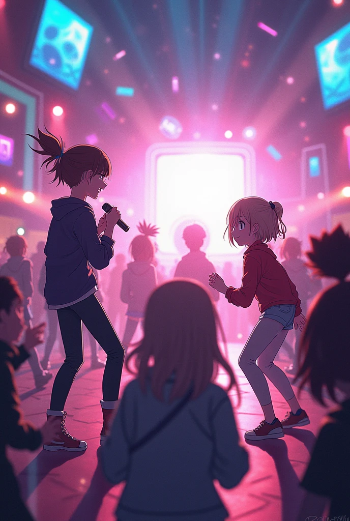Characters dance on stage、There is a projection screen behind, Dancing to each other, anime style 4 k, Spectacular 8K HD, krenz cushart and wenjun lin, Trending on CGSTATION, artgerm and atey ghailan