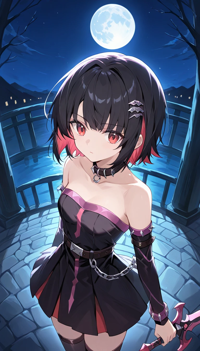 Input Prompt: ((Highest quality)), ((masterpiece)), (detailed), COWBOY SHOT　One girl, cute　Five fingers　Small wolf ears　Black short hair　Petite　Normal chest　No human ears　Big eyes　Her eyes are black　first round　whole body　Black Dancer　In the background is a medieval bridge