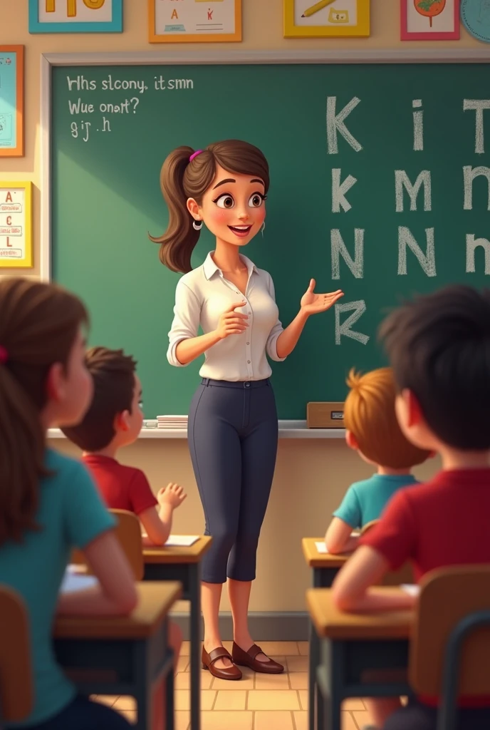 Generate an image for me where the teacher is playing a Word Game with Clapping - The teacher says a word and the children clap once for each syllable. then, Children work in pairs, where one says a word and the other claps the corresponding syllables. This reinforces the ability to count syllables independently..
