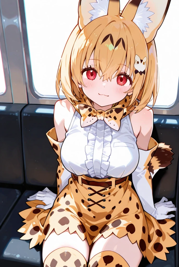 (masterpiece:1.2), hyper detail, best quality, (intricate_details:1.1), beautiful detailed, beautiful hair,short cut hair, solo, 1girl,Serval,(sweating:1.3),(steam),heavy breathing,steam,blush,from above,shoulder,cleavage,darkillumination,backlighting,medium breasts,pov,lying on bed,crossed arms,BREAK legwear, black bowtie,white sleeveless shirt, high-waist skirt,cum on body