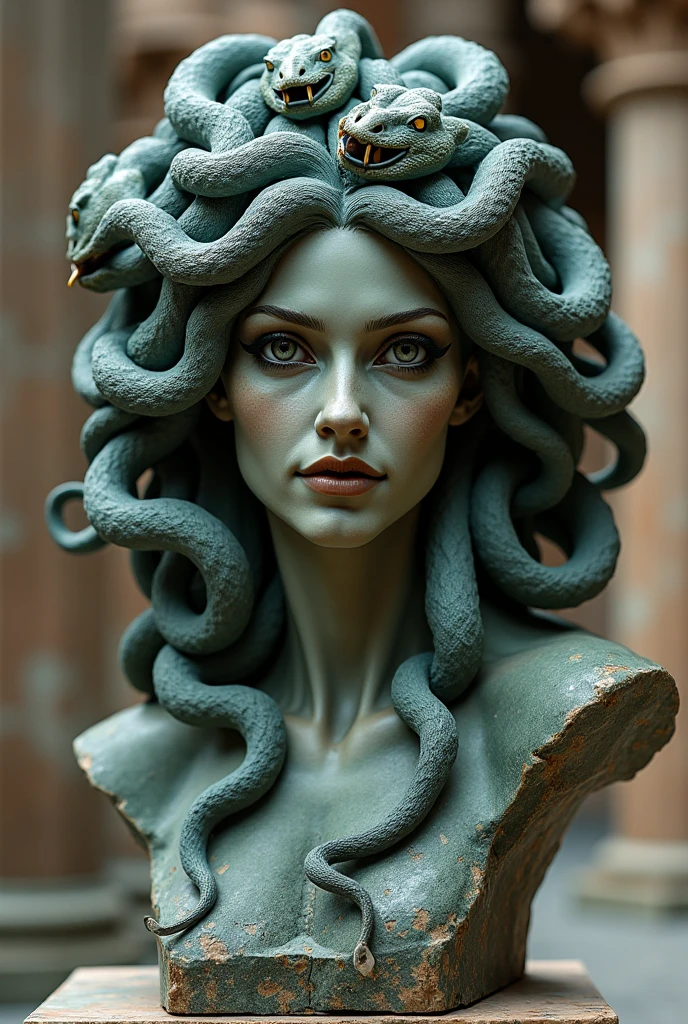 medusa with snakes on her head in a garden with statues, naked with a loose furcoat, beautiful face, earrings,