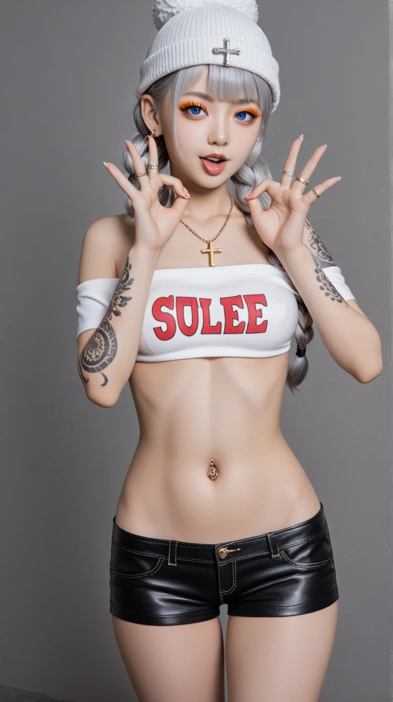 ((Top Best quality, 8k, Masterpiece :1.5)), Sharp focus :1.4, A 22 years old with perfect figure :1.6, Slender abs :1.3, korean , ((K-Pop idols)), 、((full body)), high resolution, ((Naked)), Best quality, Works of masters, A high resolution, 1girl, Super beautiful face, super beautiful eye, Super beautiful platinum white mohawk hair，(MagazineCover:1.2)，((detailed transparent sexy outfits))，((detailed nipples)), ((detailed vagina)), ((detailed nake body)), Expose shoulders, accentuated super huge enormously gigantic nude  and nipples exposed 