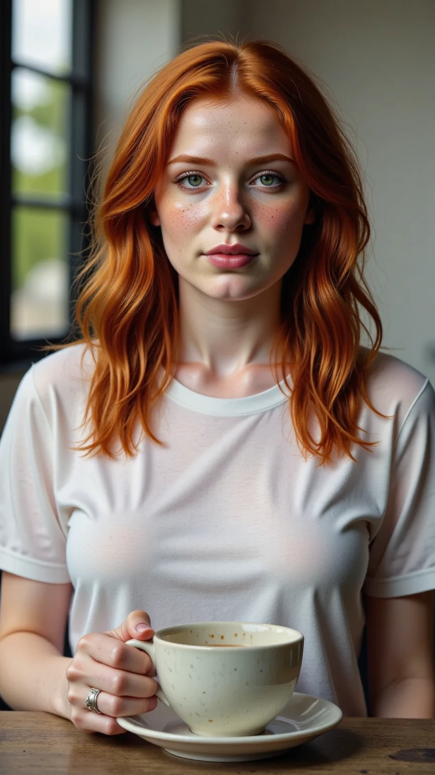 1 girl age 27, wearing short and tshirt, solo, aesthetic artwork, irish redhead, long wavy ginger hair, grayeyes light, some small freckles, pale skin, G-cup, huge breasts, slim body, runners body, (textured skin, skin pores:1,1), (moles:0,8), imperfect skin, (extremely detailed 8K wallpaper),soft lighting, high quality, film grain, fujifilm XT3 sharp focus, f 5.6, 50mm, high detailed, sharp focus, high detailed, complex details, background is bazaar, wearing t-shirt