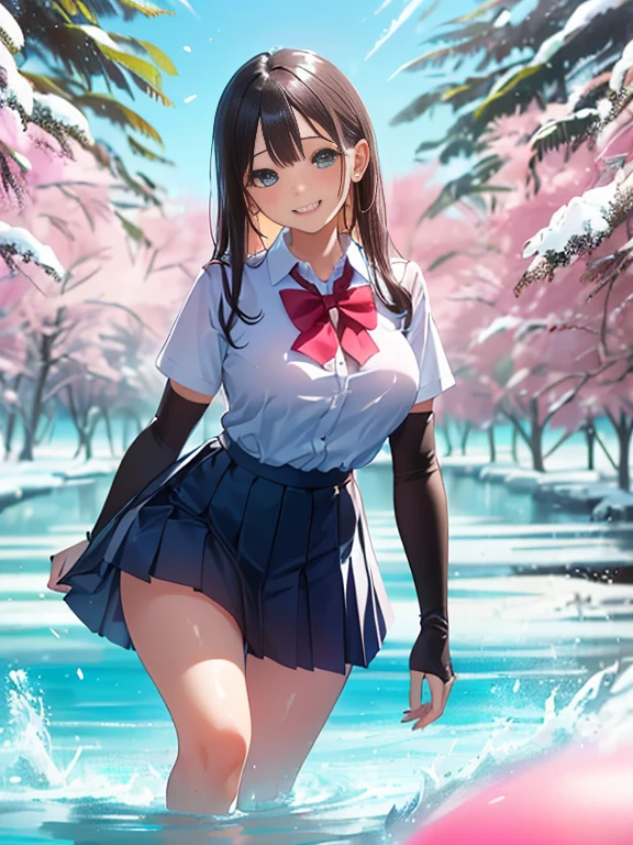 highest quality、High resolution、detailed background、beautiful and detailed face、beautiful and smooth skin、skin texture、professional lighting、Beautiful teenage girl、(huge breasts:1.1)、Cute colored sailor suit、sailor color、plaid pleated mini skirt、Cute Braid Hairstyles、pink knee high socks、white knee socks、((cherry blossoms舞い散る木の下で眠る))、cherry blossoms、Big tree、大量のcherry blossomsの花びらが舞う、cherry blossomsの花びらを広げて、smile a little sadly、show the whole body、underboob、panty shot、cute pink panties