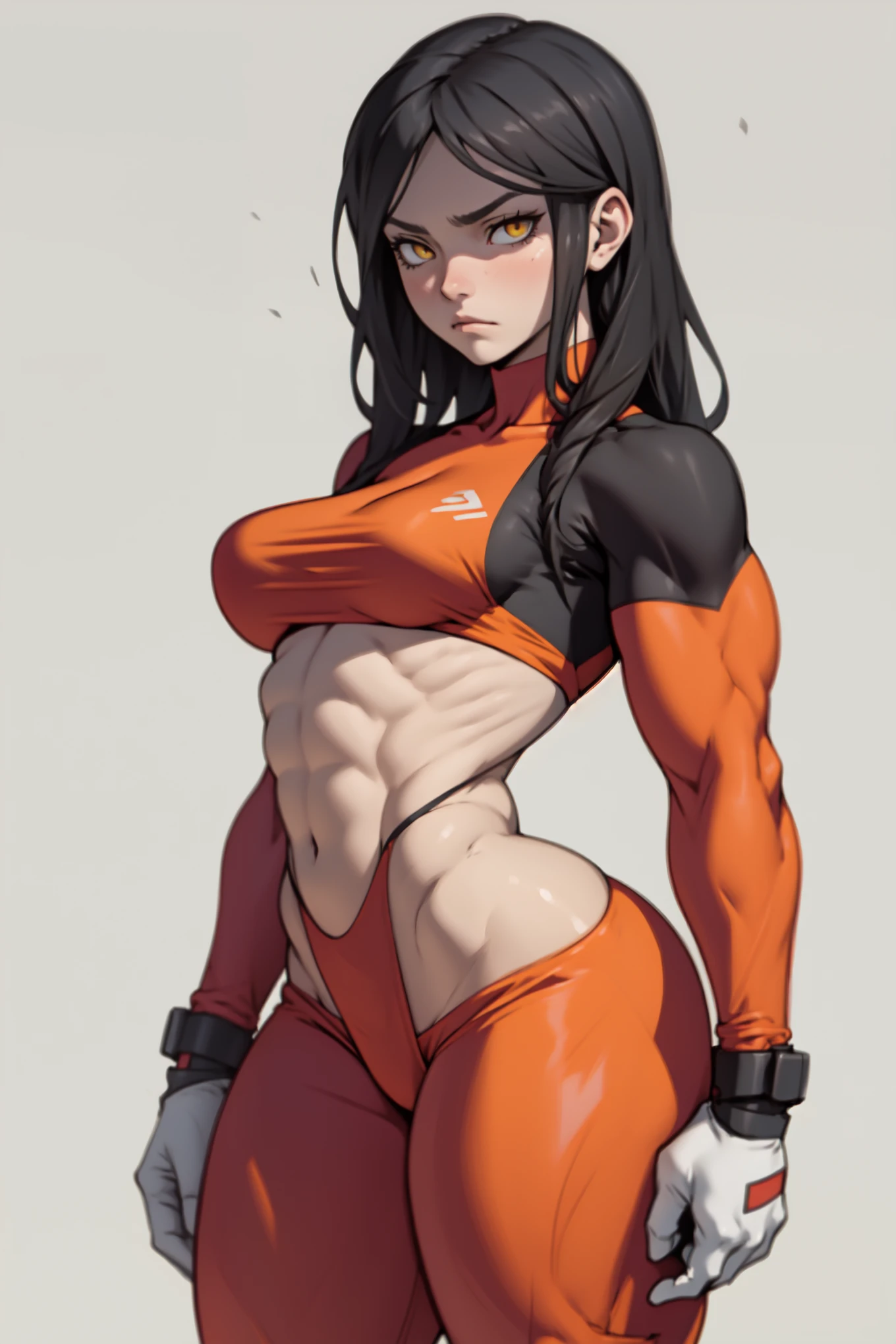 ((((1girl bodybuilder muscular)))) pale skin black hair very long hair yellow eyes long abs ((curvy wide hips thick thighs huge breasts grey background))