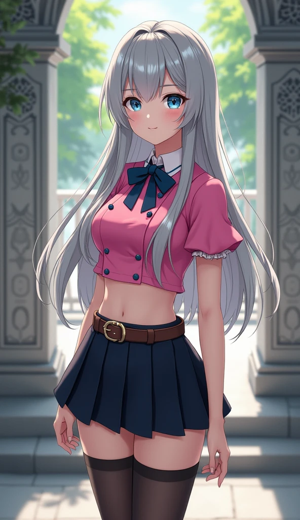 obra-prima, melhor qualidade, highres, hmeliza, 1girl, joias, single thighhigh, cabelo sobre um olho, midriff, saia preta, asymmetrical legwear, camisa rosa, coxas pretas, cinto, minissaia, standingn, tiro cowboy, skirt lift, white panties