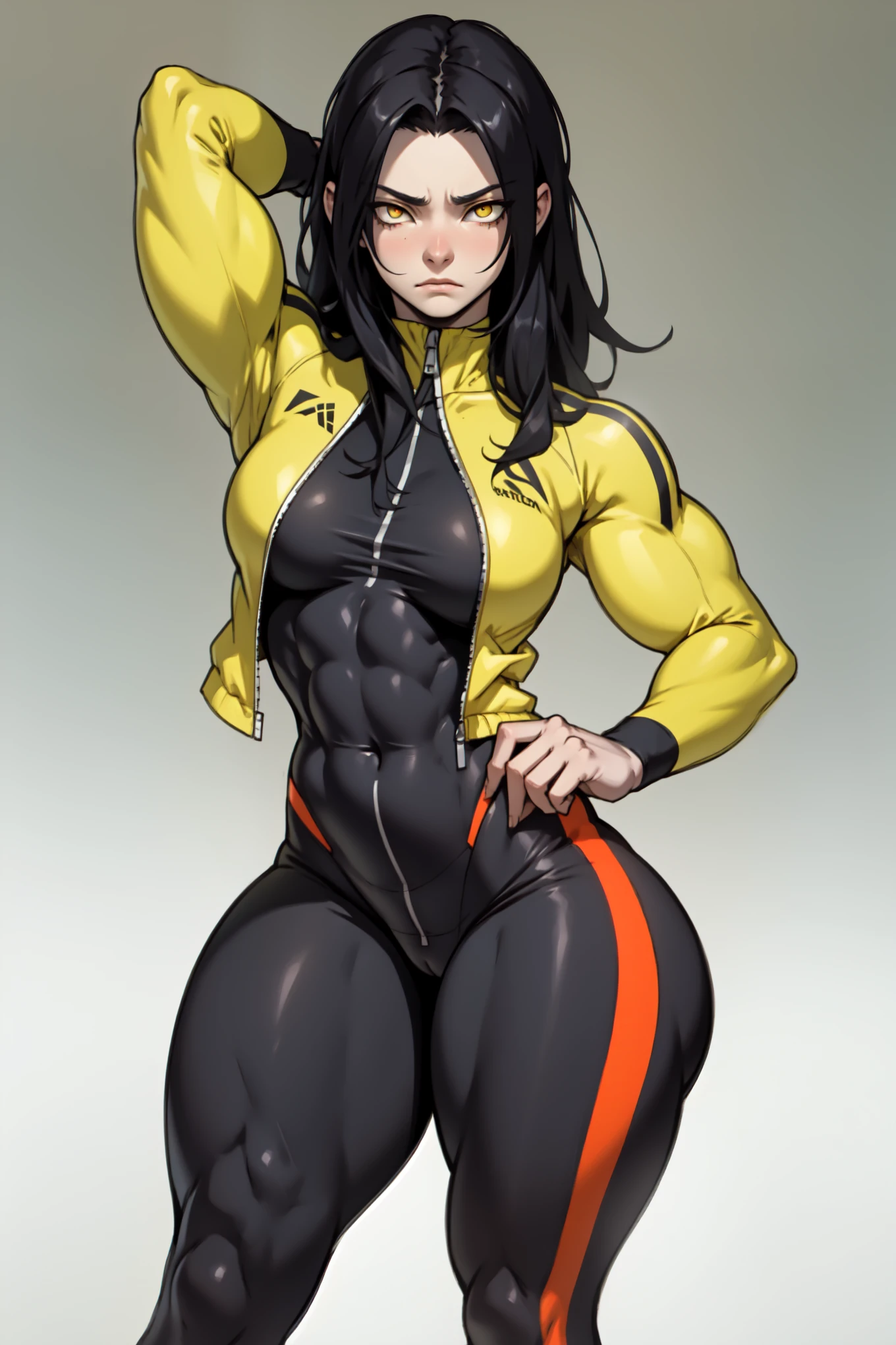 1girl solo black hair yellow eyes very long hair pale skin muscular muscular muscular muscular toned body huge muscles thick thighs girl tight clothes angry blushing messy hair leggings tight shirt long sleeves thick thick thick thick