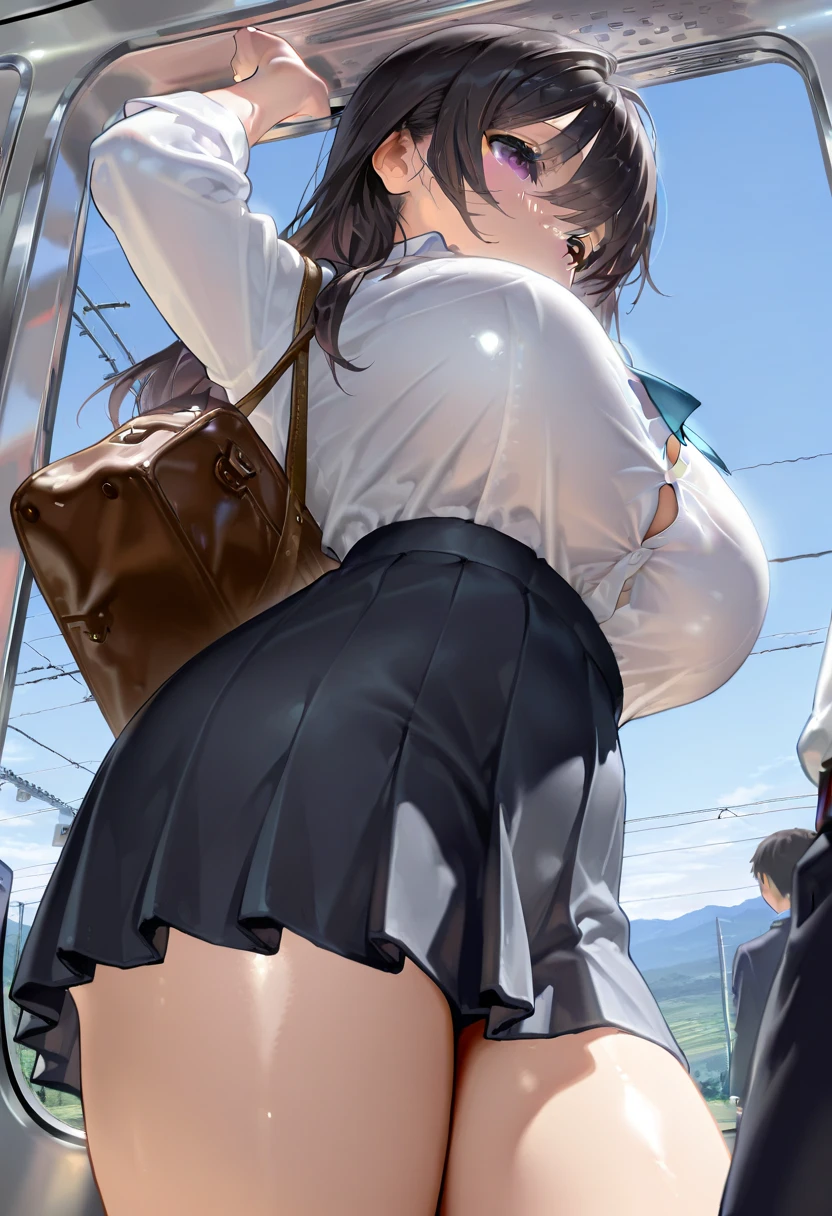woman、 Age 25, Brown eyes, Shiny skin、Long brown hair, Wearing a white shirt, Big Breasts,Center View, High resolution, Ultra Sharp, 8K, masterpiece、Shopping Mall Bench、sit、People walking behind、、A look of contempt、Secret Pose、Glare、(((Shooting from the front)))、Pleated skirt、、Stand up straight、(((See-through panties)))、Wet Panties、Ass、Ass
