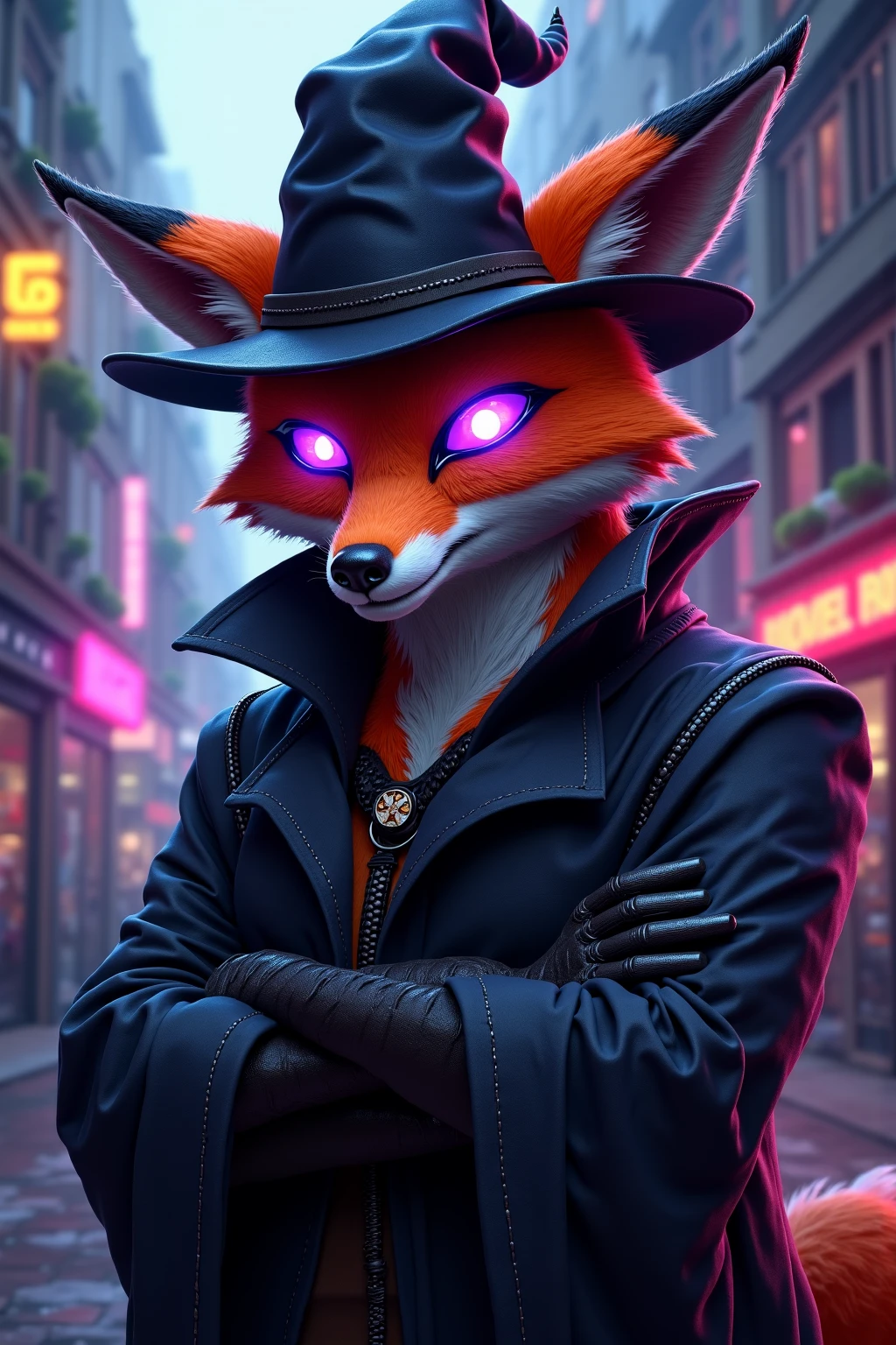 (masterpiece , best quality, high resolution, ultra detailed, intricate details, keskin odak, cybe rpunk aesthetic, neon noir), Cyberpunk concept art. Fancy anthropomorphic orange fox furry traitor, glowing purple eyes, black fancy hat, black fiercy fox ears, black robe, telekinetic mage, enigmatic, arcane aura, arcane aura, magical aura, telekinesis aura, black gloves, cyberpunk city, kafeteryada oturmuş radyo dinliyor, sessiz ve sakin bir gece, kütüphane