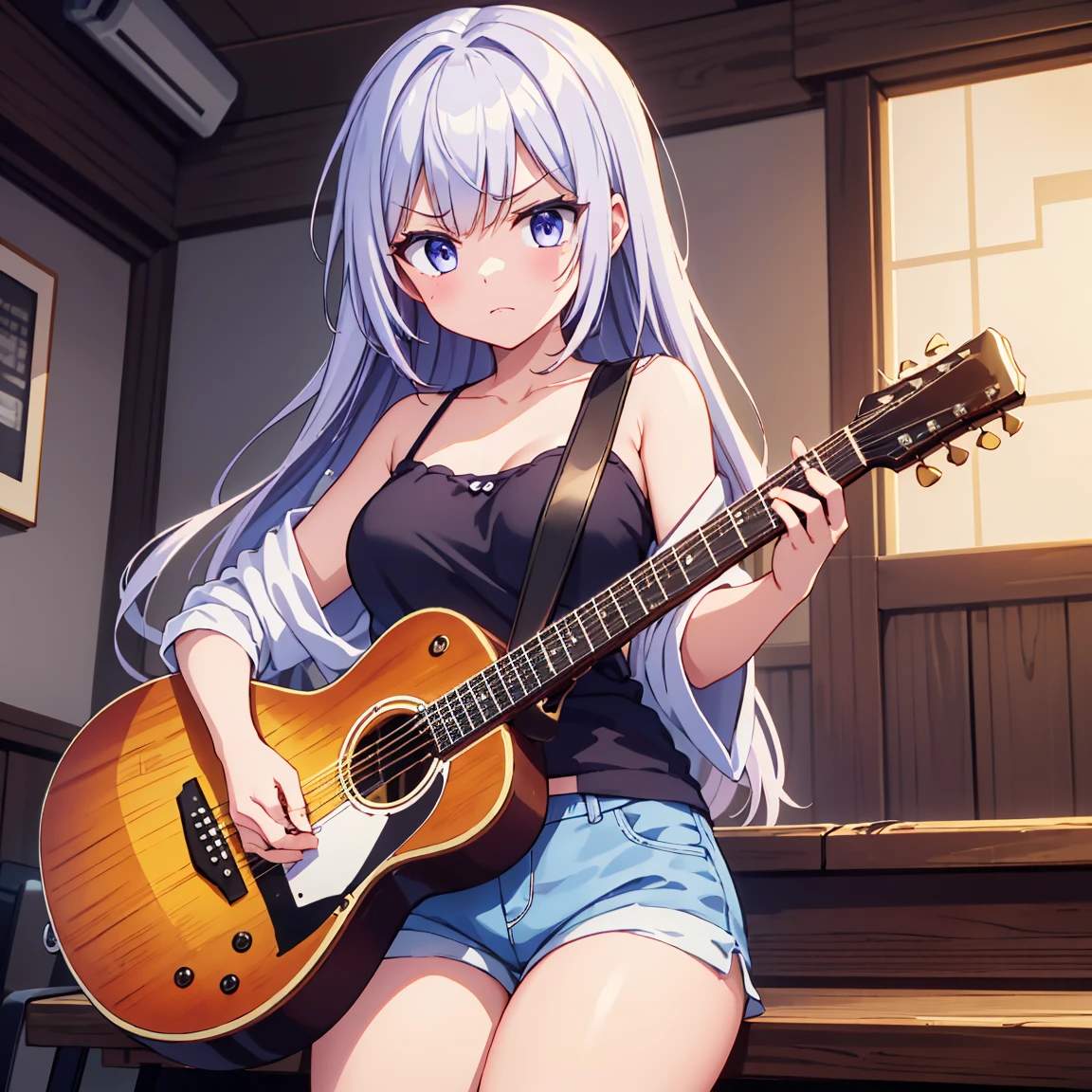 stage，A female college student，Play the guitar，Sitting among a group of boys，Transparent bikini，Protruding nipples，Milk point moist，Neon lights，White long hair，Red Eyes