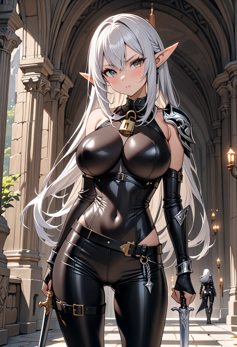 1990s style, dark fantasy anime illustration of a (mature MILF BIMBO Dark Elf with grey skin and short white hair), (UPPER BODY) perfect face, wearing tight leather stealth armor, stalking her victim at DAYLIGHT, ambient light, dark and moody, retro style, BIG KNOCKERS CLEAVAGE, lustful smirking smile red blush red cheeks, chain leash, kneeling, shackles, leather black collar slave, ((BLACK background)) hands on glass breasts on glass ass on glass window fog water drop