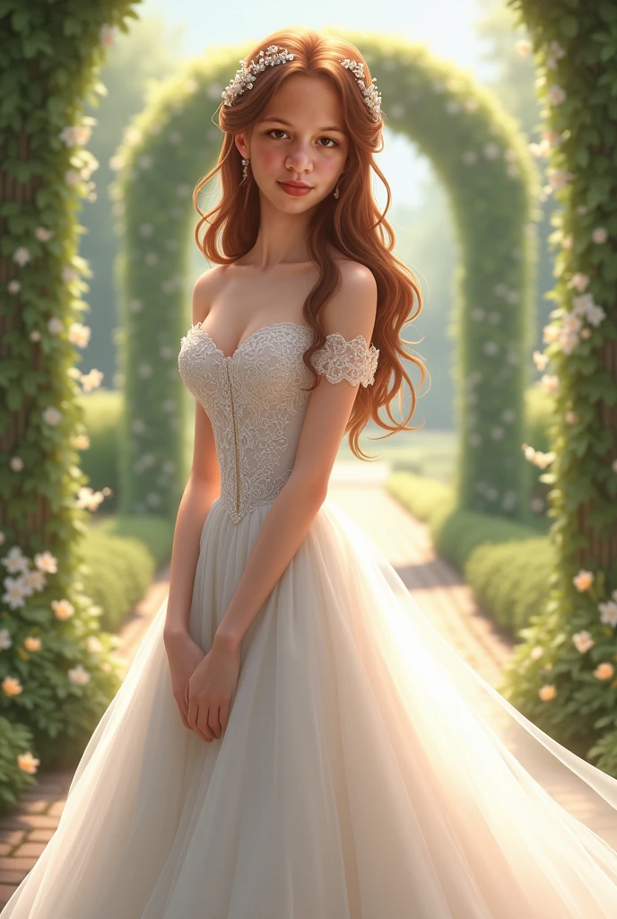 half body, a beautiful girl in long diamond dress, long flowy hair, garden floral background, magical scenery, soft light, best quality