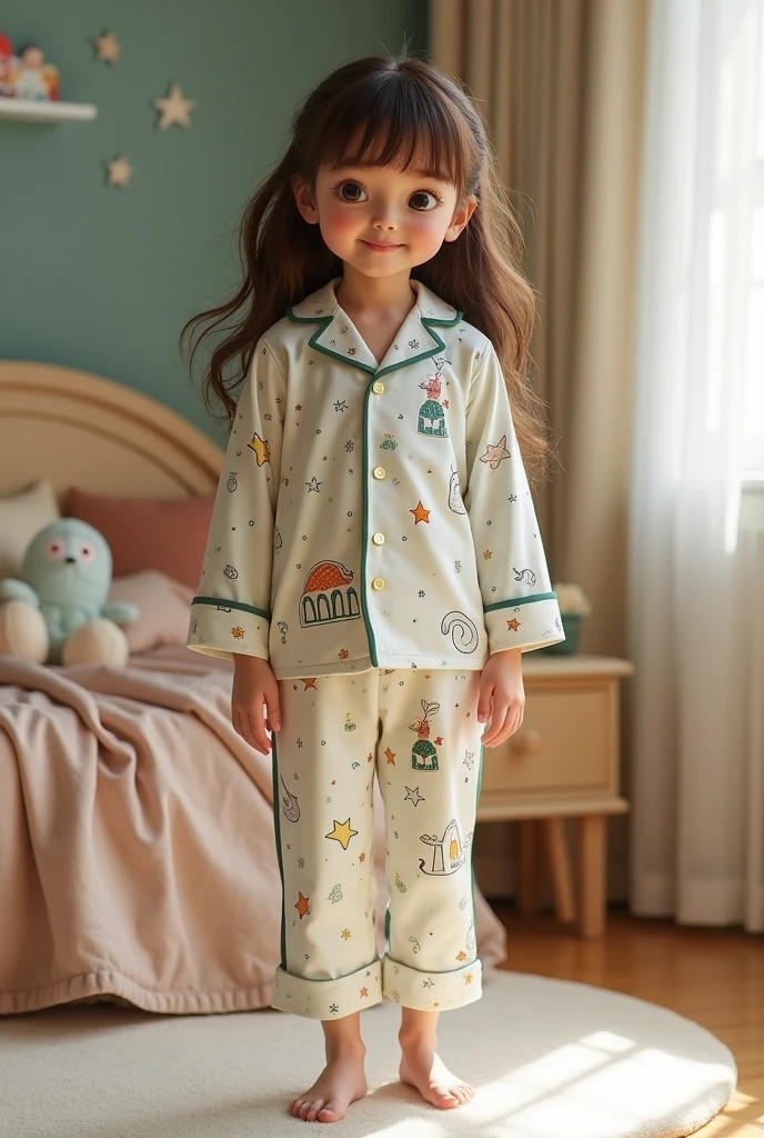 a  with curly hair yawning and star-patterned pajamas running outside, showing her drawing of the moon to her friends.