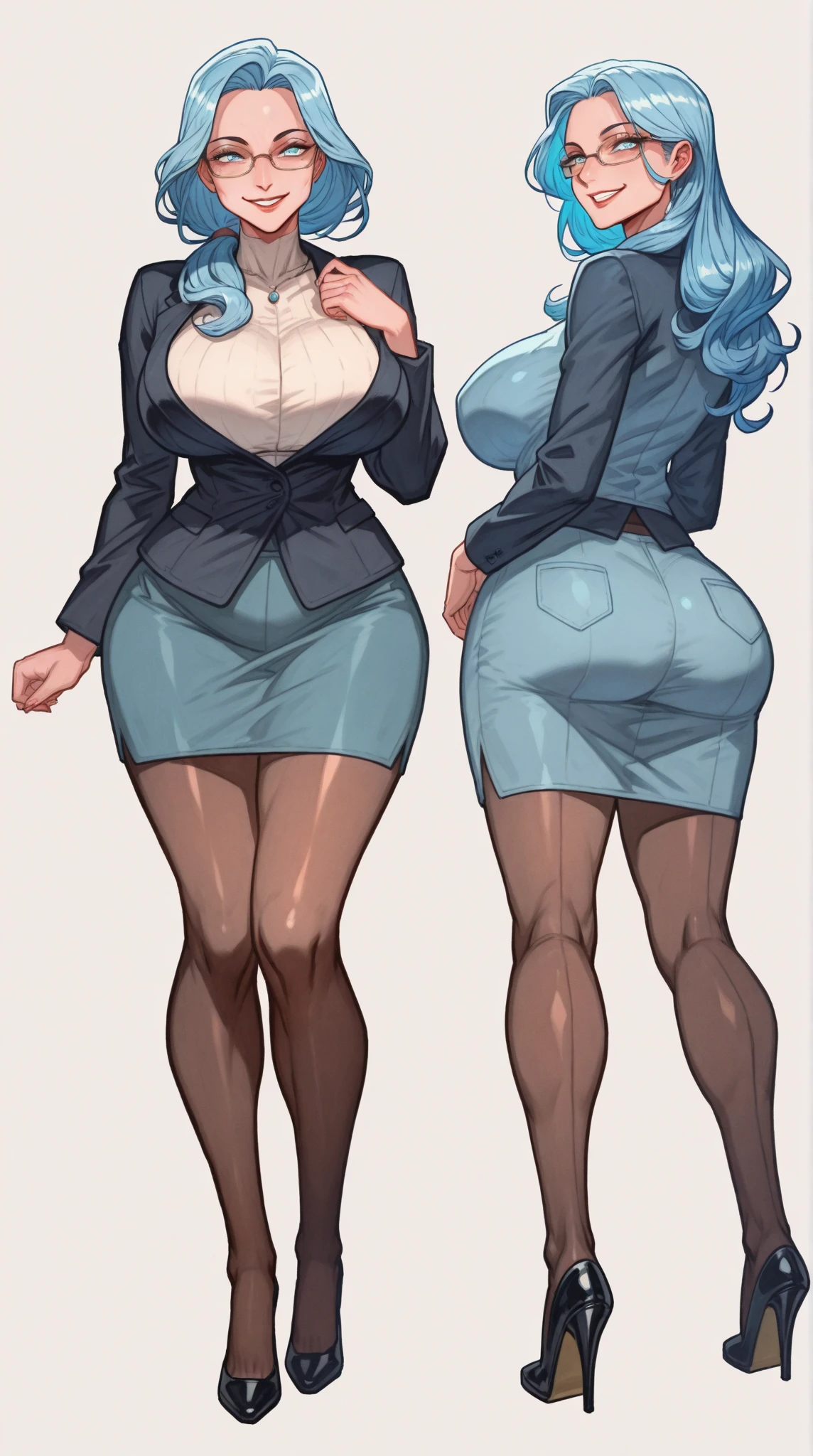 (masterpiece, official art), thick, curvy, curvaceous, blue hair, blue eyes, long hair, twintails, sona, (closeup), (huge breasts), fluffy breasts, saggy breasts, standing, cowboy shot, simple background, looking at viewer, ((concept art)), (multiple views), smile, seductive, alluring attire, (black pencil skirt), (black pantyhose), (white shirt), (black office jacket), (arms behind back), view from front