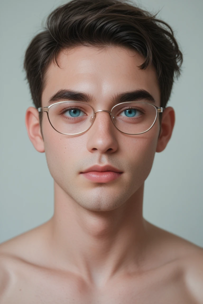 A very beautiful fourteen year old boy, White skin, fine features, light brown eyes, light brown hair, small slanted eyes, serious look, sad look, unclothed, In the living room, discreet glasses, naked, whole body, whole body, big pointed nipples, very defined pectorals, the boy is very masculine,