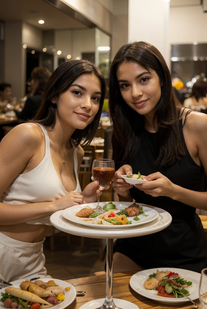 Pictures of two beautiful woman, at the restaurant sharing some delicious dinner, dressing very elegant and laughing, one of the woman with light brown hair