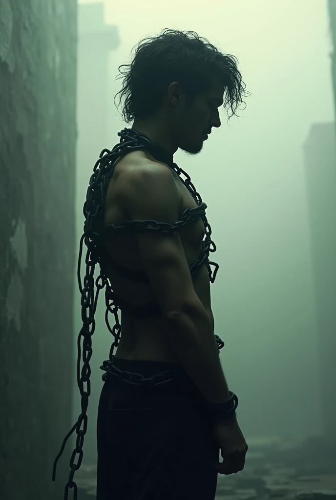A young man screams while chained up a torture chamber in satin shorts