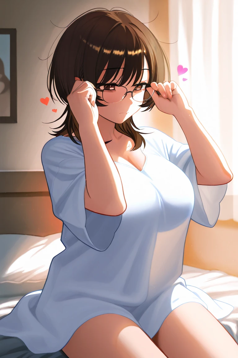 （super high quality,Ultra HD:1.2,super masterpiece,16K,Ultra-high resolution:1.5,Detailed shadow depiction,）One sexy wife,Wavy black short hair,Glasses,Pearl Earrings,Sharp Eyes,Cleavage,Bust 90cm,Height: 165cm,popped collar White shirts,Pearl Necklace,Tight standing collar,The fifth button is undone,Long sleeve,wedding ring,The lower half is naked,Looking at the camera,Ahegao,blush,Drooling,tears,Put your hands on your head,Spread your legs wide,A thick penis is being inserted,Sweating all over the body,semen,Night room,Light purple bed,Lying on your back,Angle from the ceiling,Full body photo,